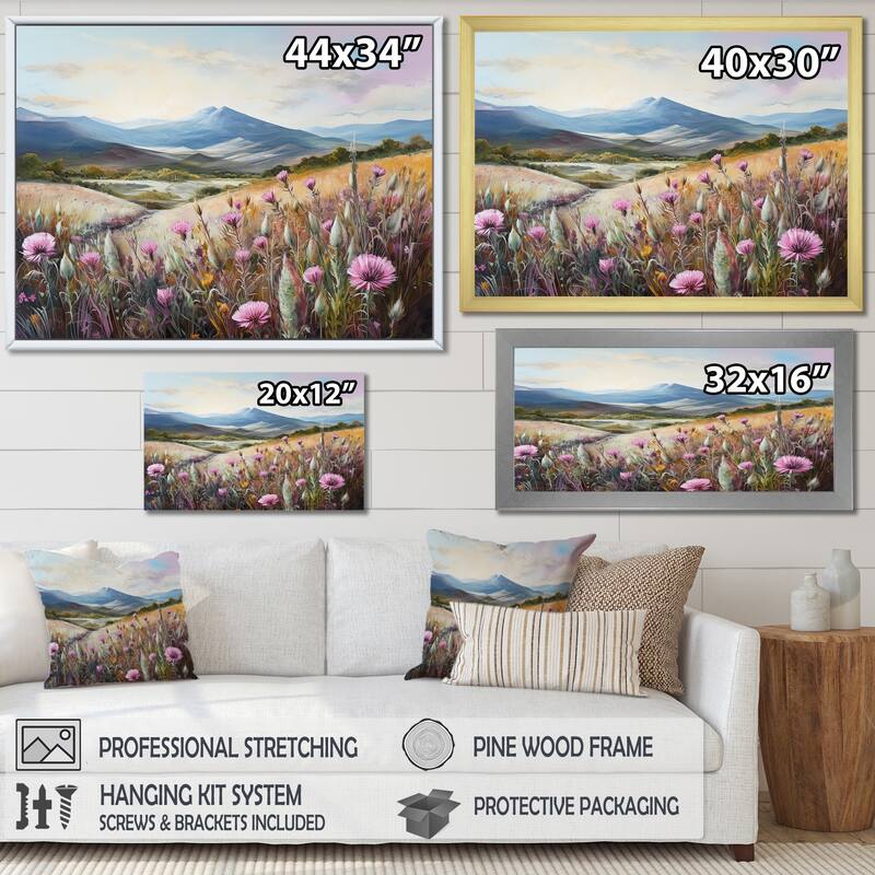 Designart "Purple Thistle Field Mountain Charm I" Thistle Wall Art